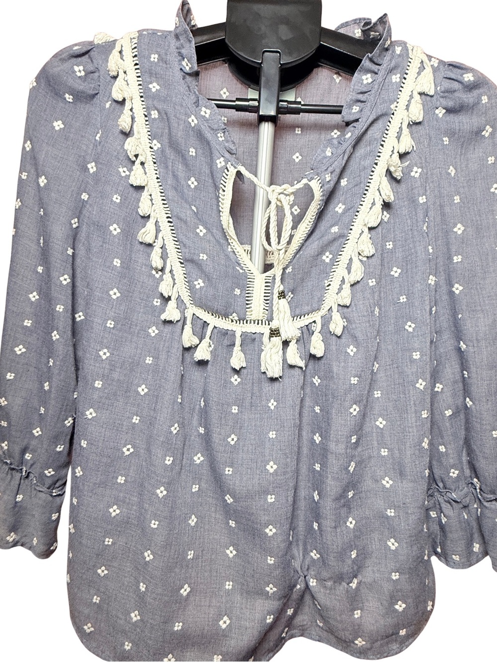 Maeve Chambray Blue Embroidered Tassel Peasant Top